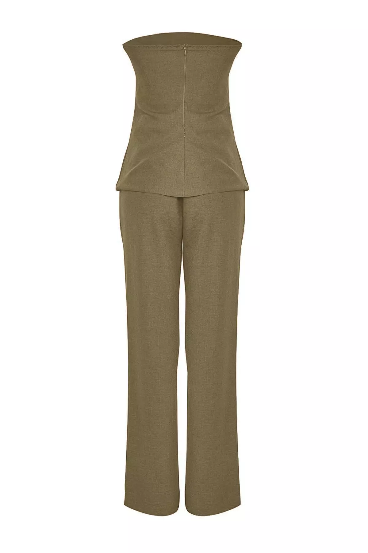 Khaki Linen Look Strapless Blouse And Pants Bottom Top Set