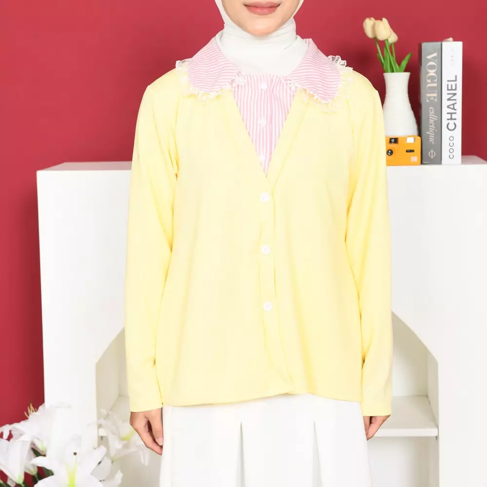 More Knit Cardigan Kerah Kemeja 2 in 1 - Soft Yellow M19938 R53S1