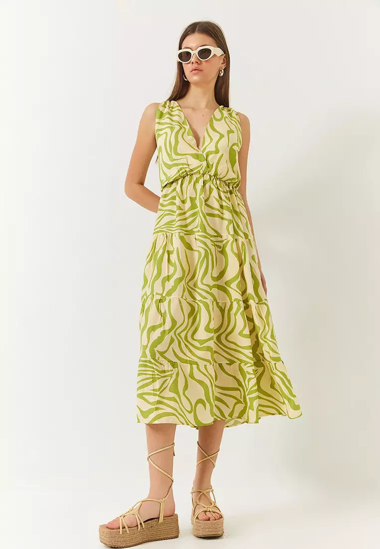 Women's Double Breasted Neckline Elastic Waist Back Rope Tie Print Dress 60261428