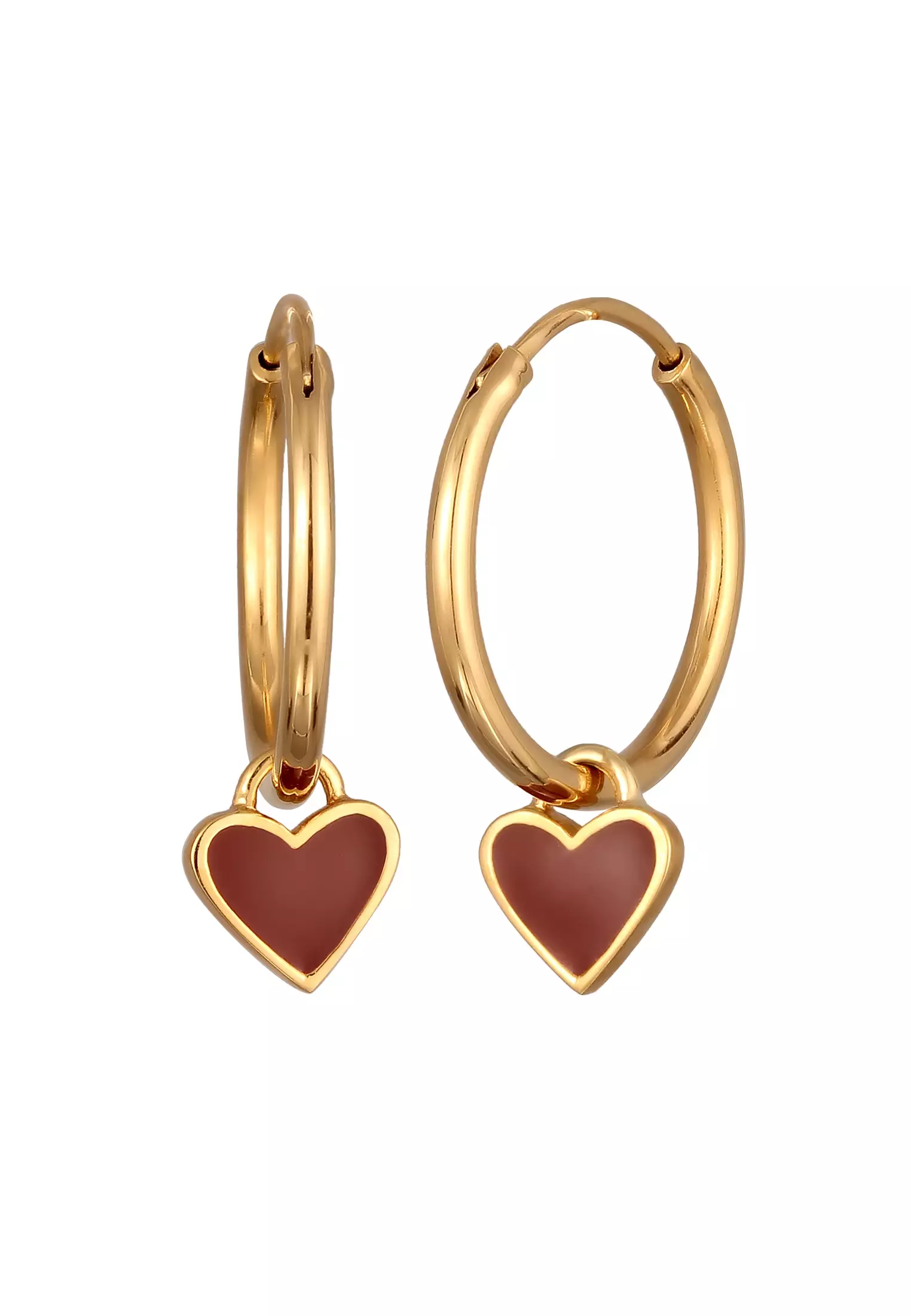 Earrings Creoles Heart Pendant Enamel Dark Red In Gold Plated