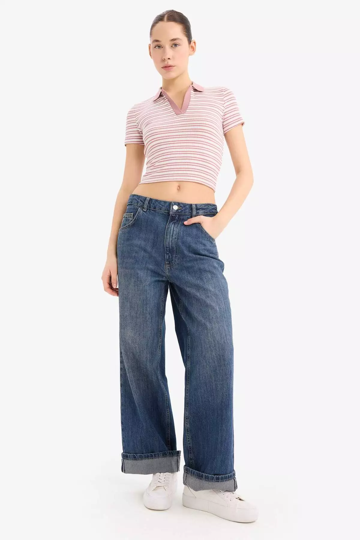 Fitted Polo Neck Striped Twill Camisole Short Sleeve T-Shirt E7907Ax25Sm