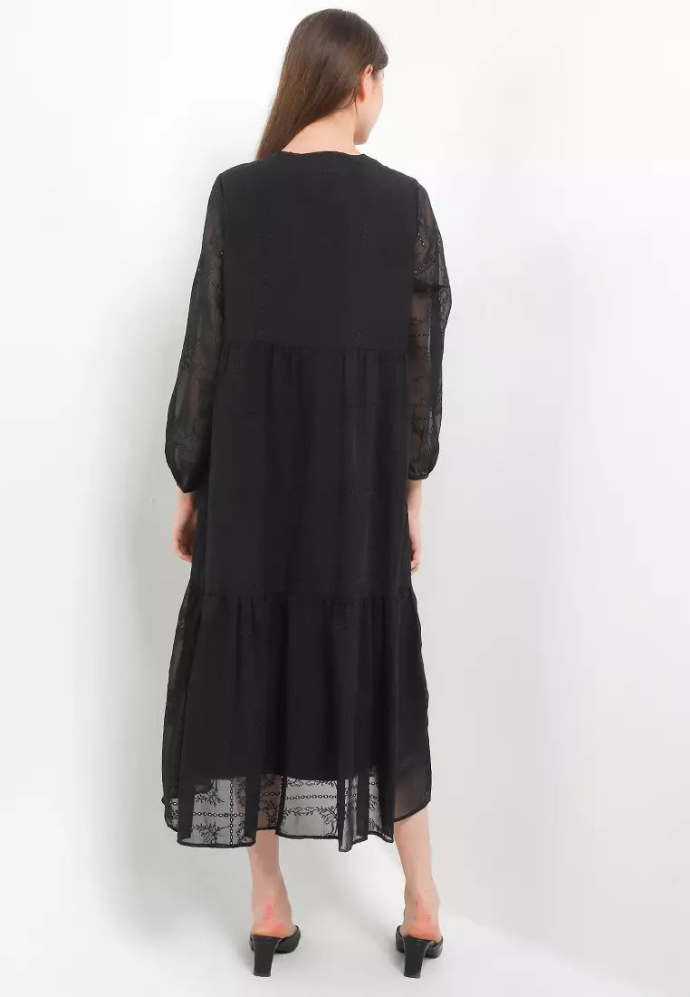 3 Tier Emb Chiffon Long Dress W/ Tassels