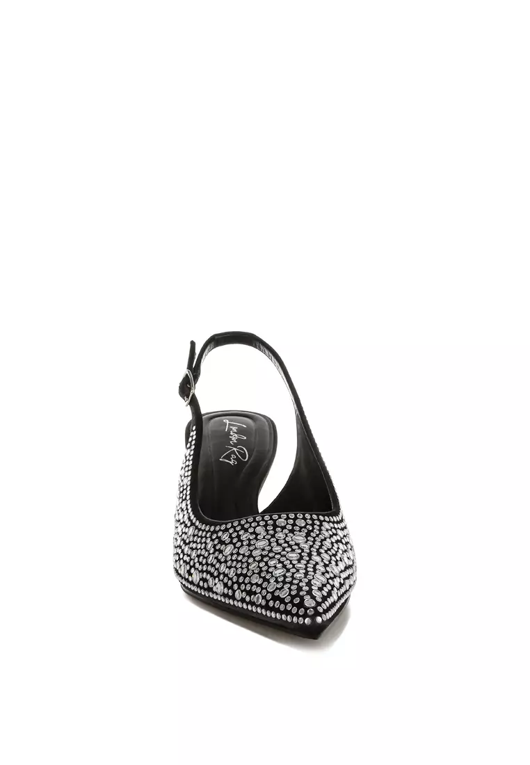 Sepatu Slingbacks Berhias Berlian Imitasi Ujung Lancip Warna Hitam