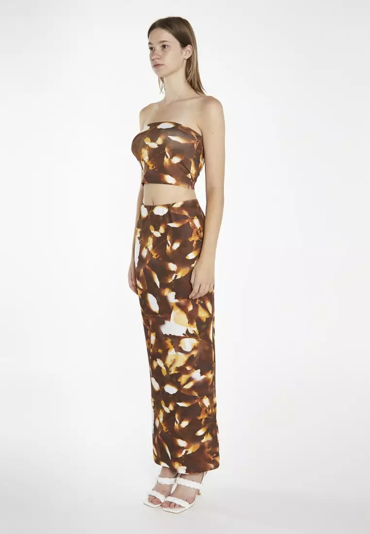 Brown Digital Leaf Bodycon Maxi Skirt