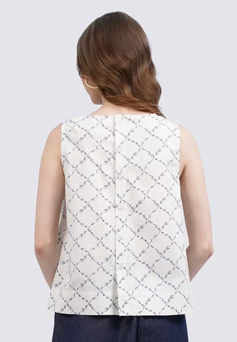 Round Neck Sleeveless Printed Blouse OFF WHITE