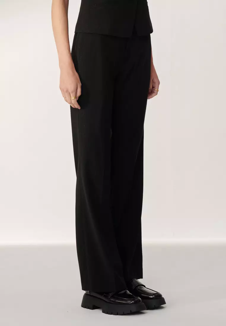 Silver Metallic Thread Textured Black Straight Leg Trousers