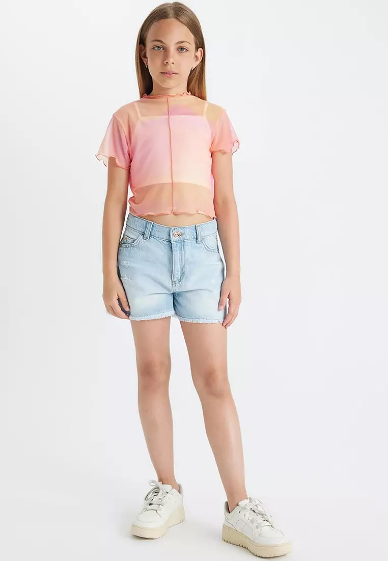 Crop Crew Neck Gradient Printed Tulle Short Sleeve T-Shirt Undershirt 2-Piece Set