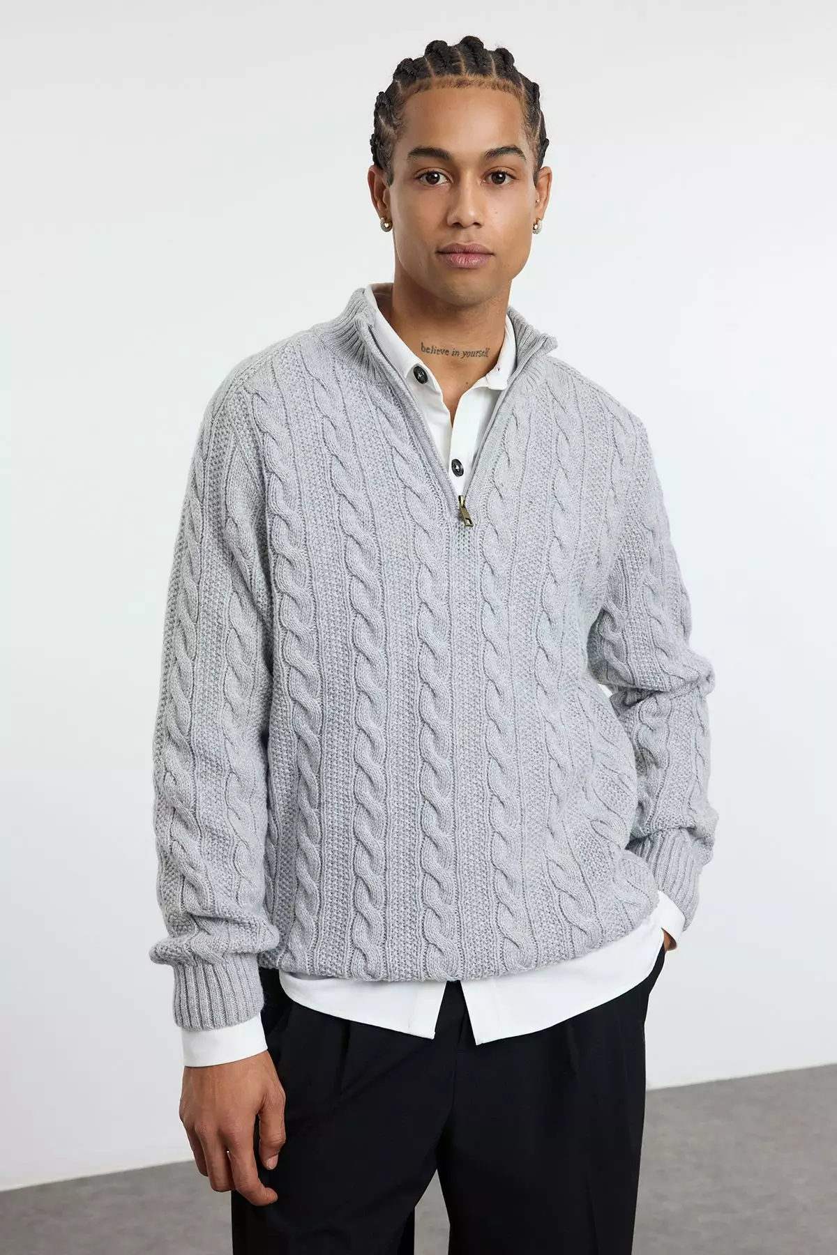 Grey Unisex Regular Fit Zippered Half Turtleneck Knit Sweater TMNAW21KZ0737