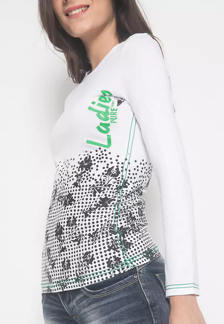 LGS - Slim Fit - Kaos Wanita - Putih - Motif Gambar Bunga - Lengan Panjang - LTS.555.T885M.019.C-L/S