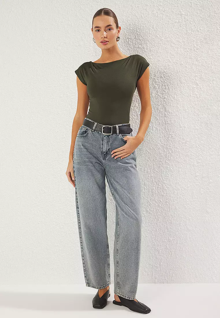 Khaki Fitted Boat Neck Flexible Snap Knit Bodysuit