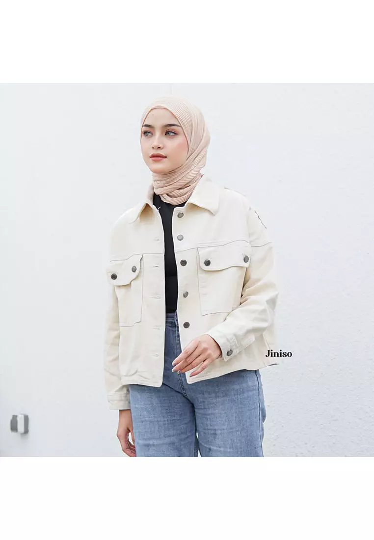 Jaket Crop Jeans Oversize Pocket Khaki
