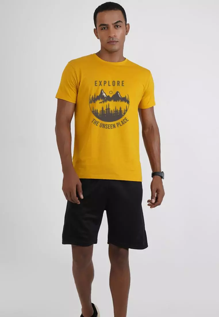 Explore The Unseen Yellow Cotton Short Sleeve Crew Neck Regular Fit Tee