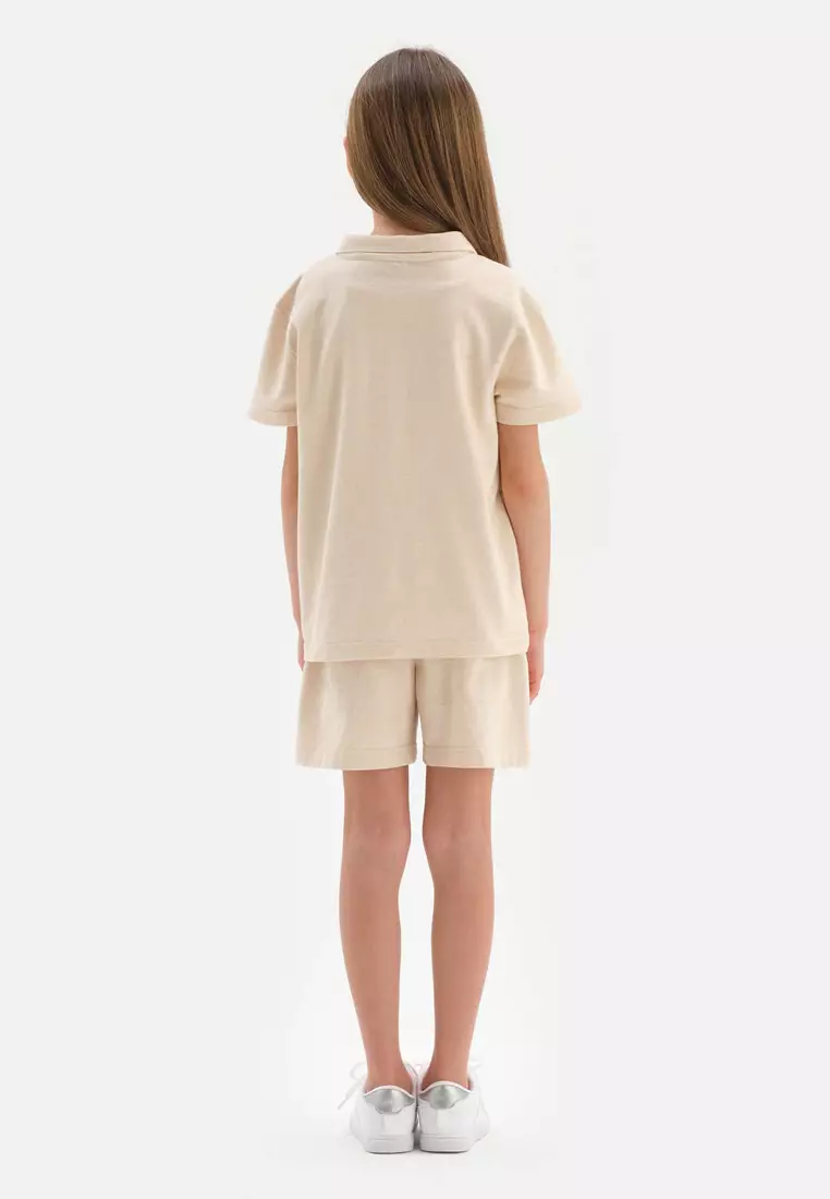 Beige Tshirts, Polo Neck, Regular, Short Sleeve Loungewear for Girls