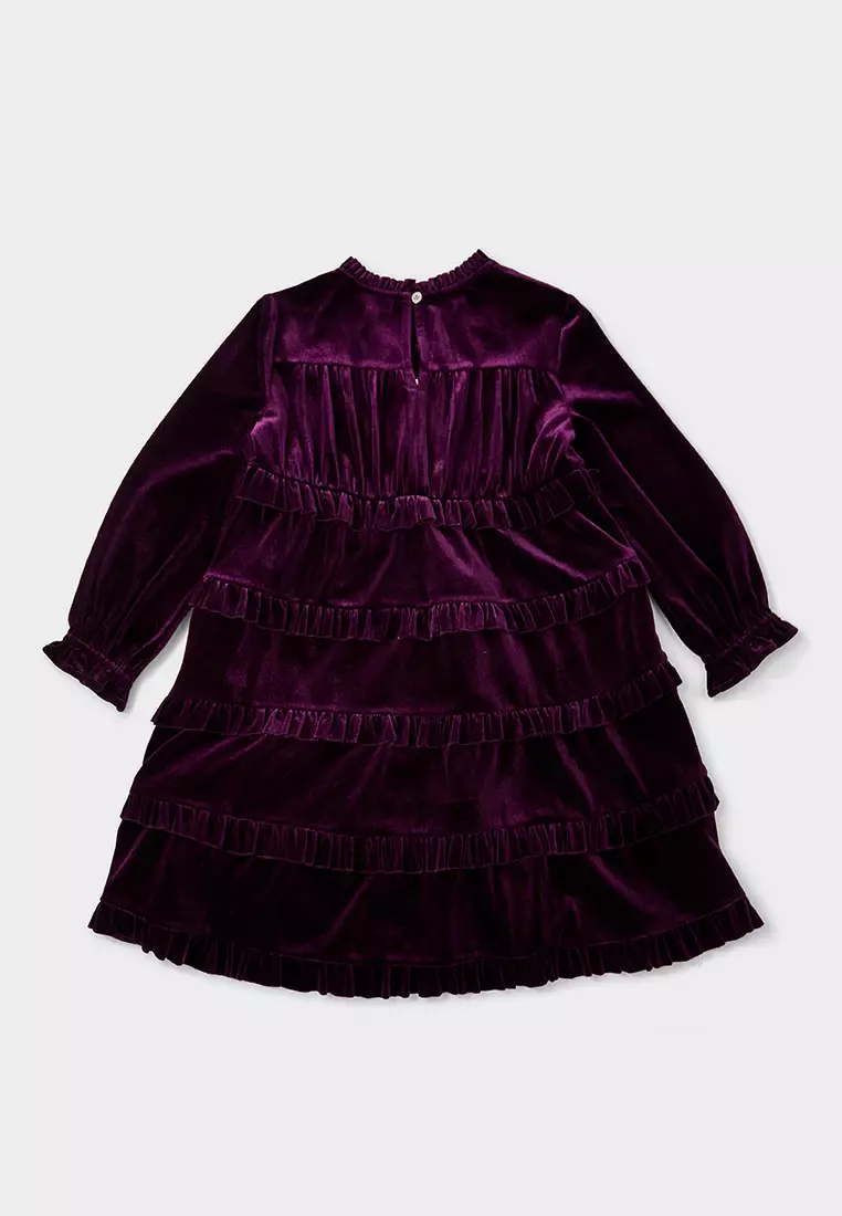 Mila 紫色分層式天鵝絨荷葉邊連身裙