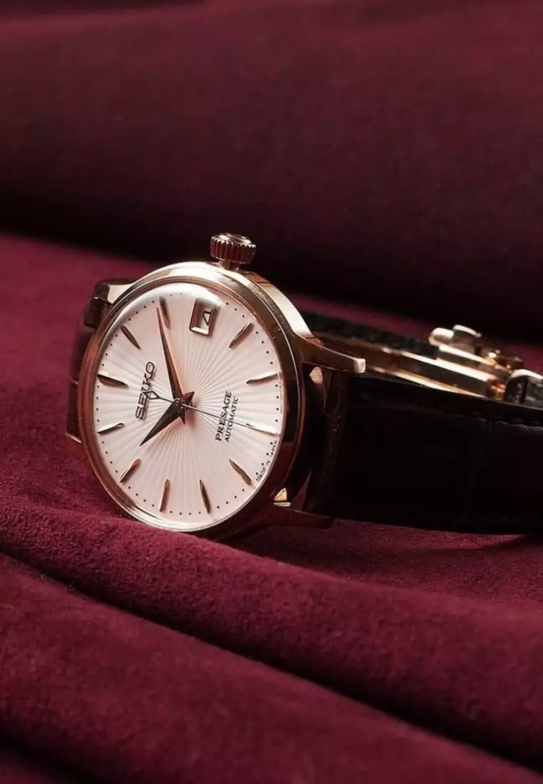 Seiko Presage Cocktail Time ‘Bellini’ Pale Pink Dial Brown Leather Band Automatic Watch SRP852J1