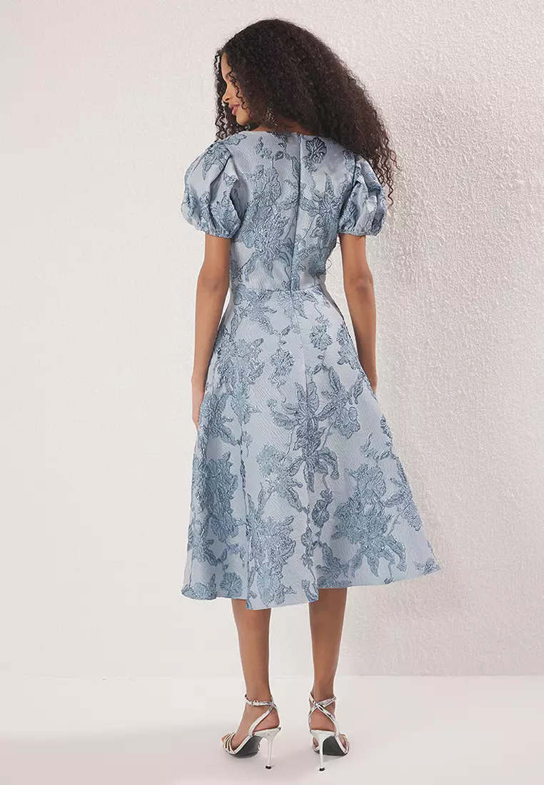 Light Blue A-Line Jacquard Woven Midi Elegant Evening Prom Dress TPRSS25EL00202