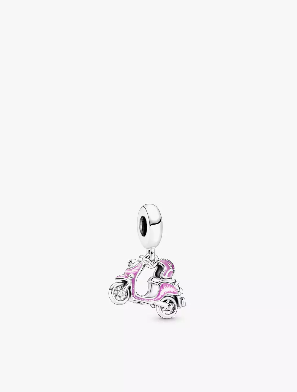 Scooter with spinning wheels sterling silver dangle with clear cubic zirconia and pink enamel