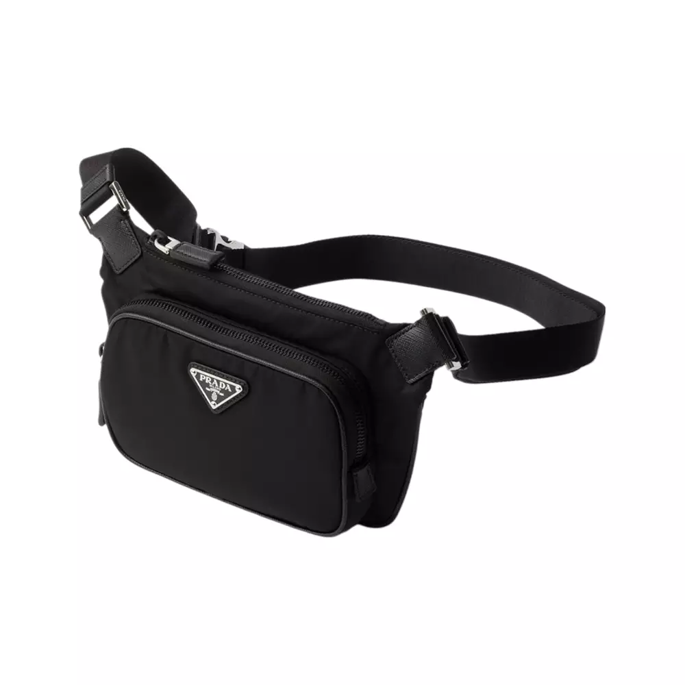Triangle Logo Re-Nylon and Saffiano Leather Belt Bag Black