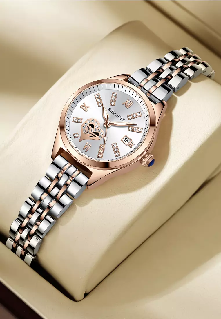 Jam Tangan Wanita 6000 Calendar Berlian Elegan Santai Jam Tangan Cewek rosewhite