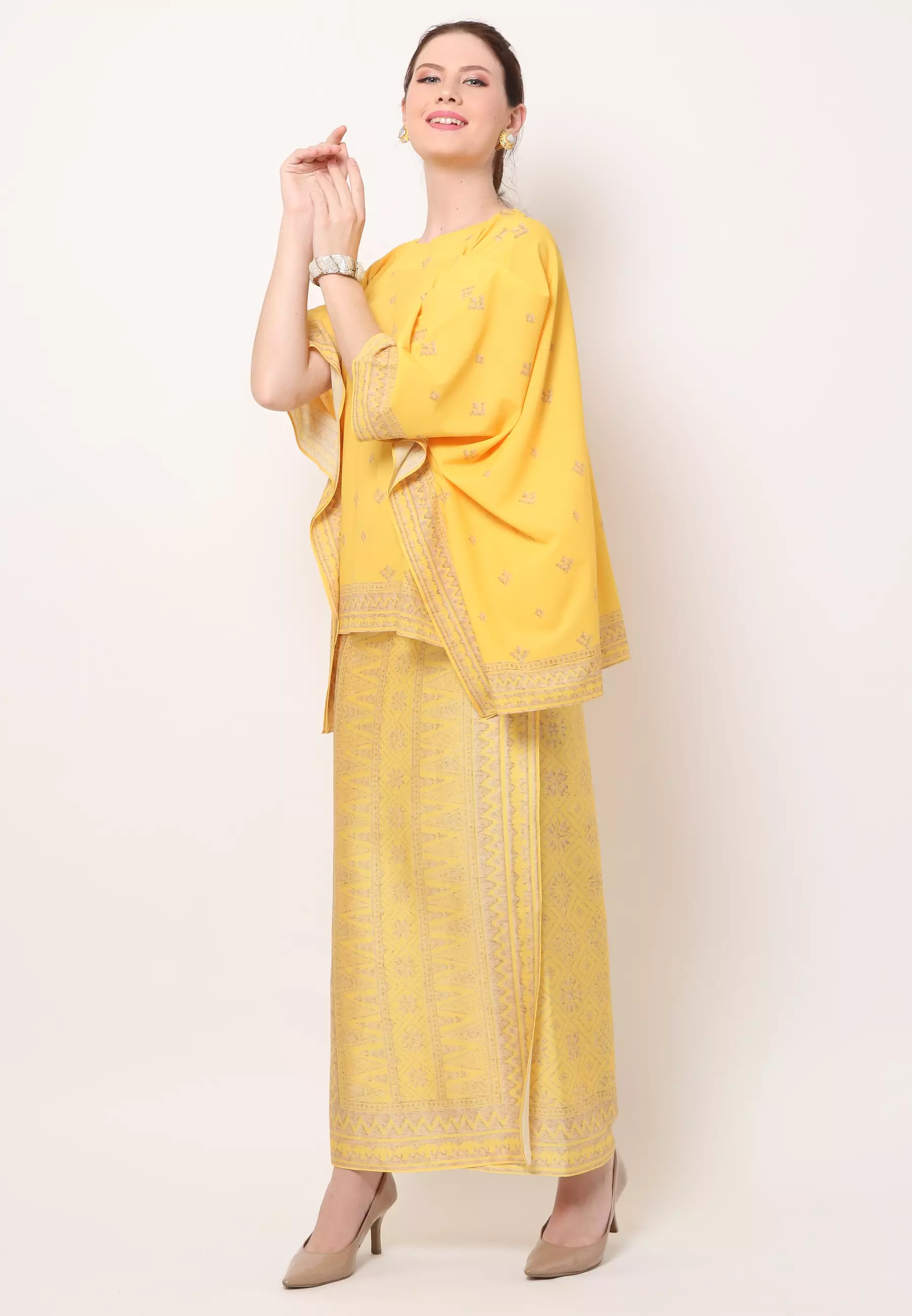 Kanzi Collection Songket R-Neck Yellow Sarong Set