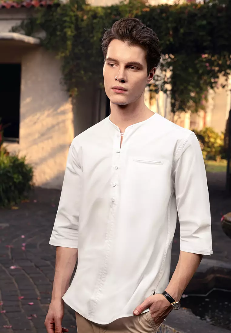 OXCON kemeja Vneck Henley Collarless shirt White