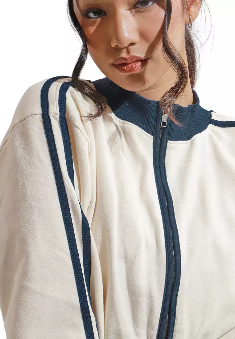 Brushed Terry Cropped Zip Up Track Jacket With Stripe Detail