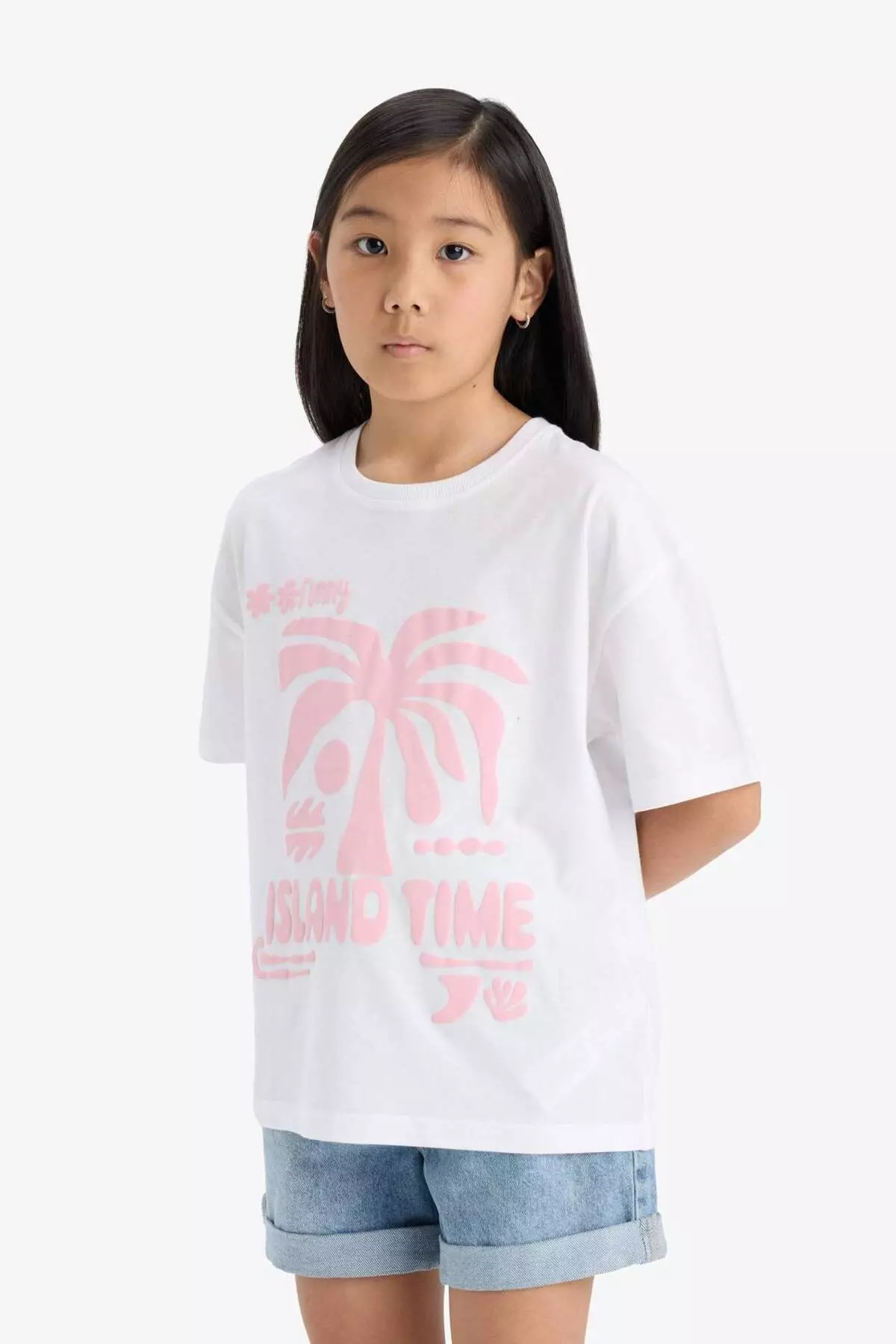 Girls' Oversize Wide Fit Crew Neck Printed Short Sleeve T-Shirt E0392A825Sm