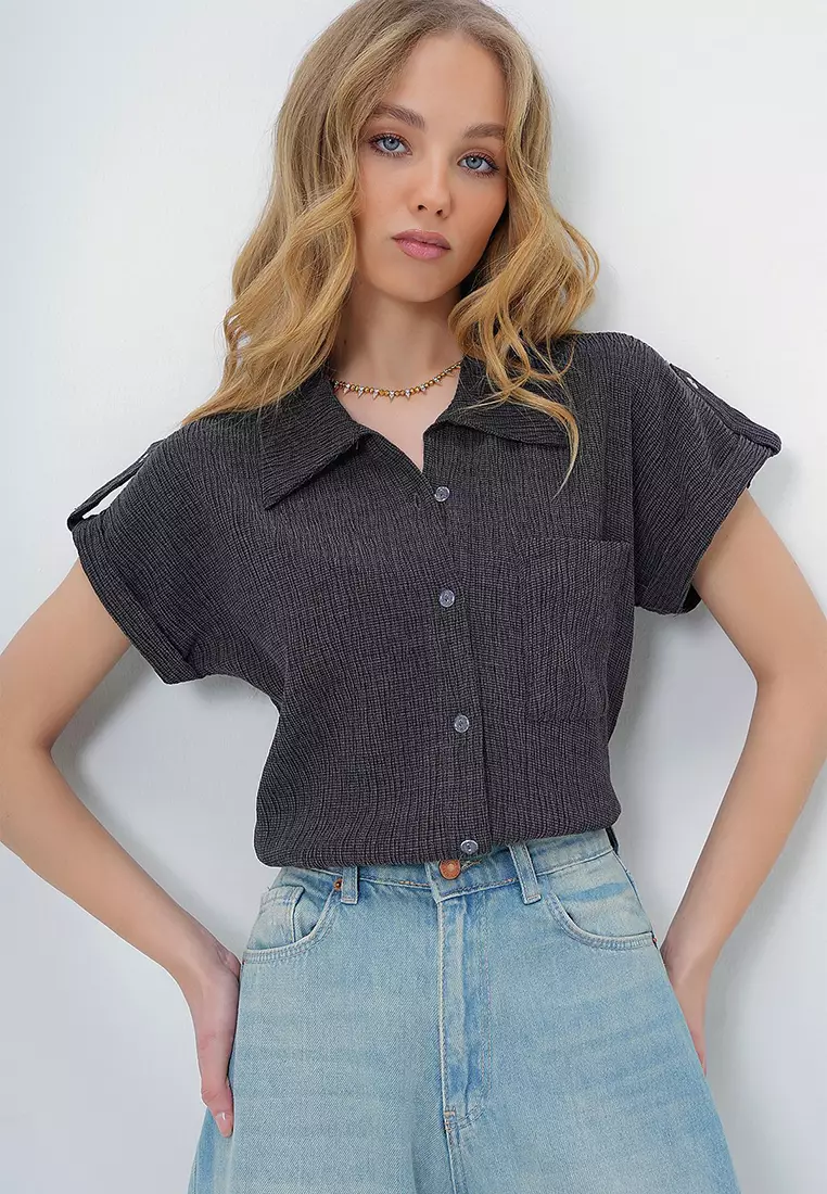 Women's Anthracite Cuffed Double Short Sleeve Textured Shirt