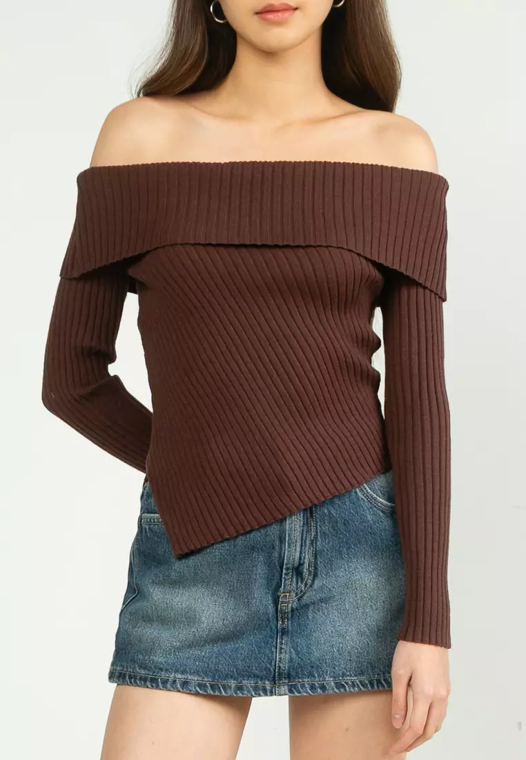 Asymmetrical Rib Off Shoulder Knit Top
