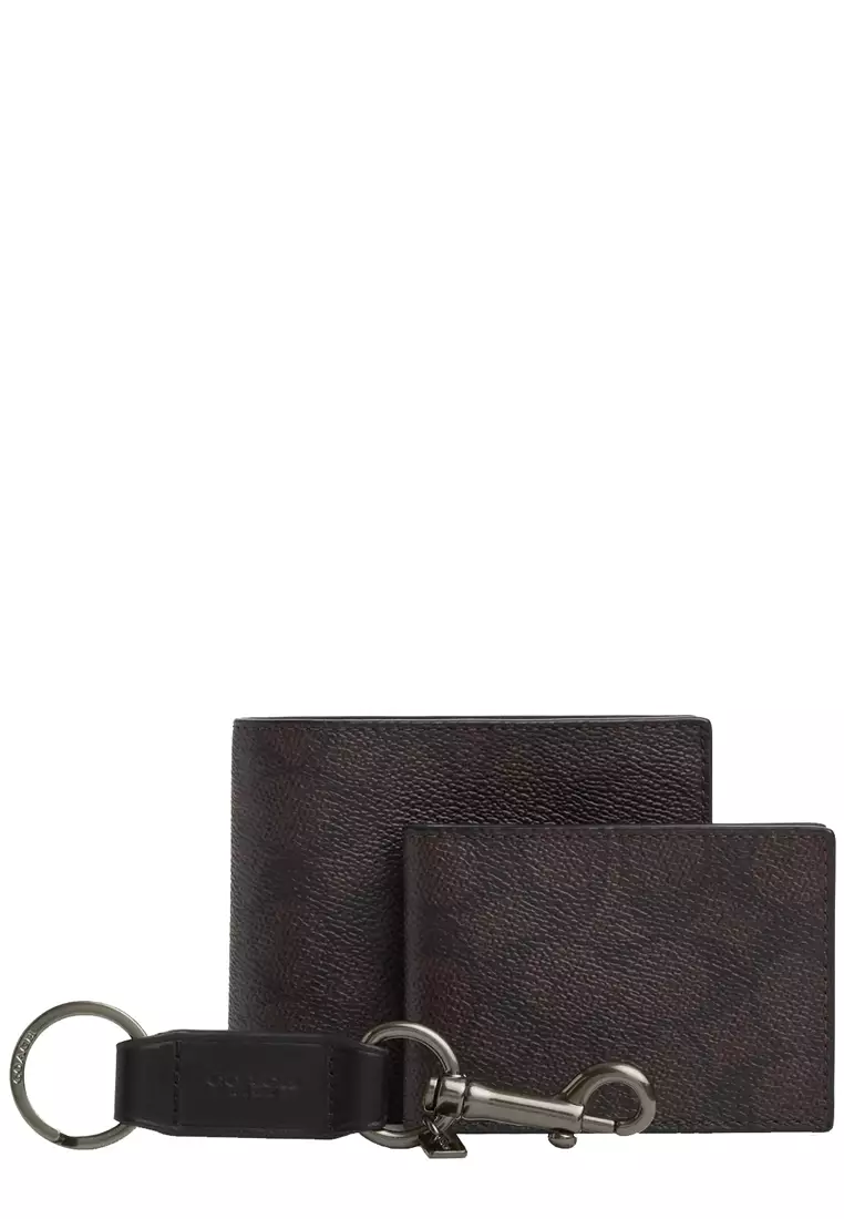 Boxed 3 In 1 Wallet Gift Set In Signature Canvas in Walnut/ Black CW344