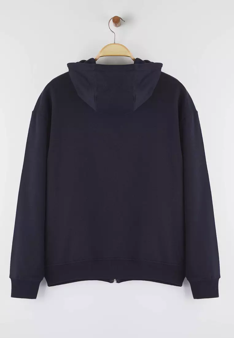 Navy Blue Oversize/Wide Cut Zippered Warm Hooded Sweatshirt-Cardigan