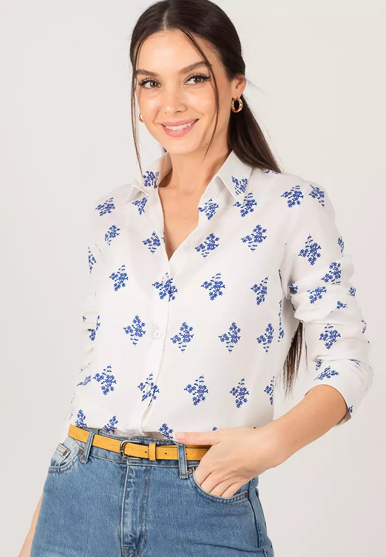 Badul Blue / White Flower Pattern Long Sleeve Shirt