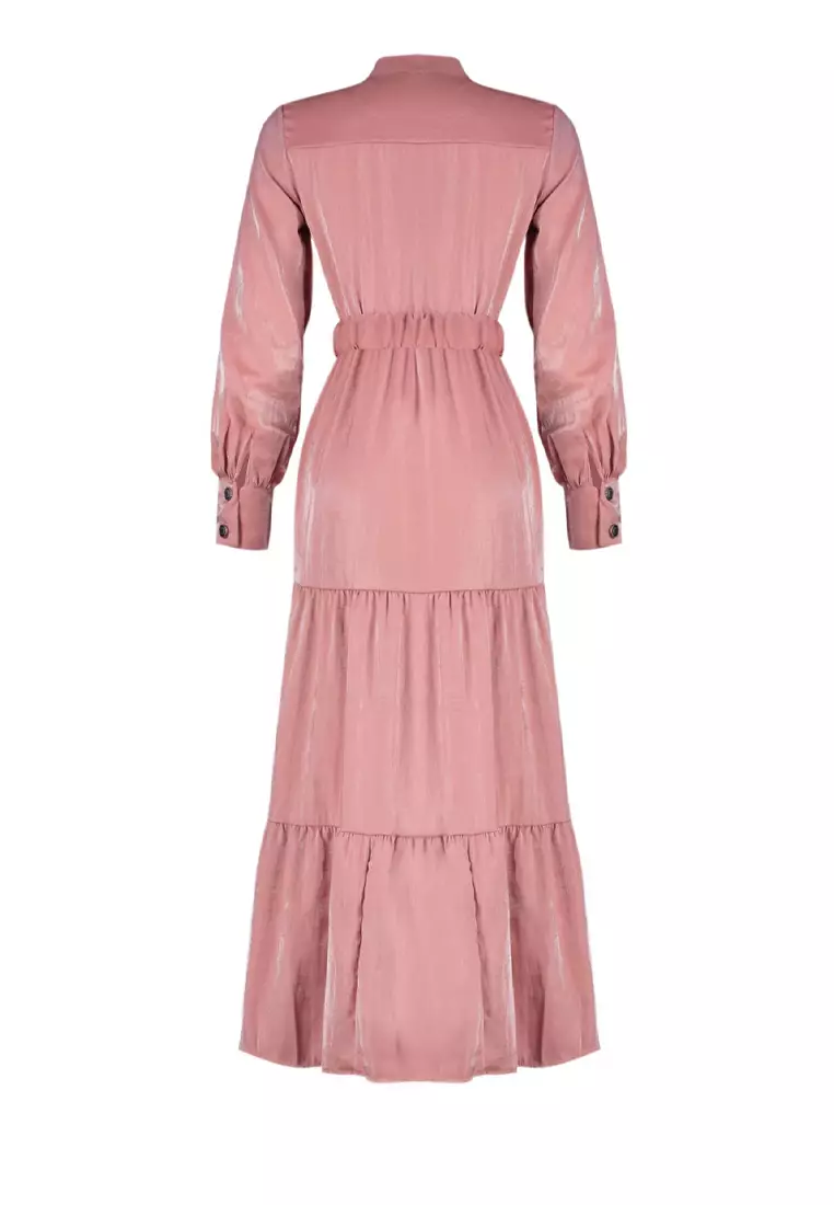 Pale Pink Shiny Satin Belt Detailed Skirt Frilly Woven Dress TCTSS24EB00169