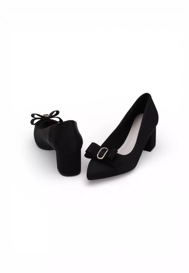 Comfort Fit Bow 5cm Pointed Block Heel Pumps 62130 in Black