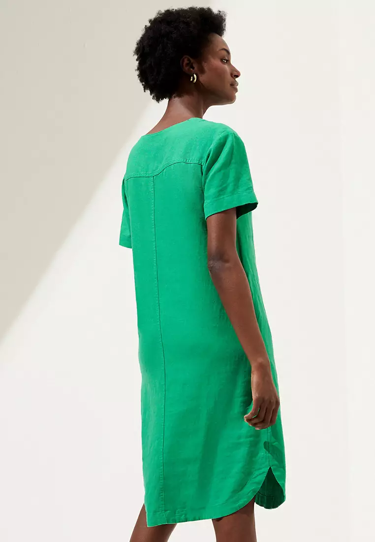 Linen Rich V-Neck Midi Shift Dress