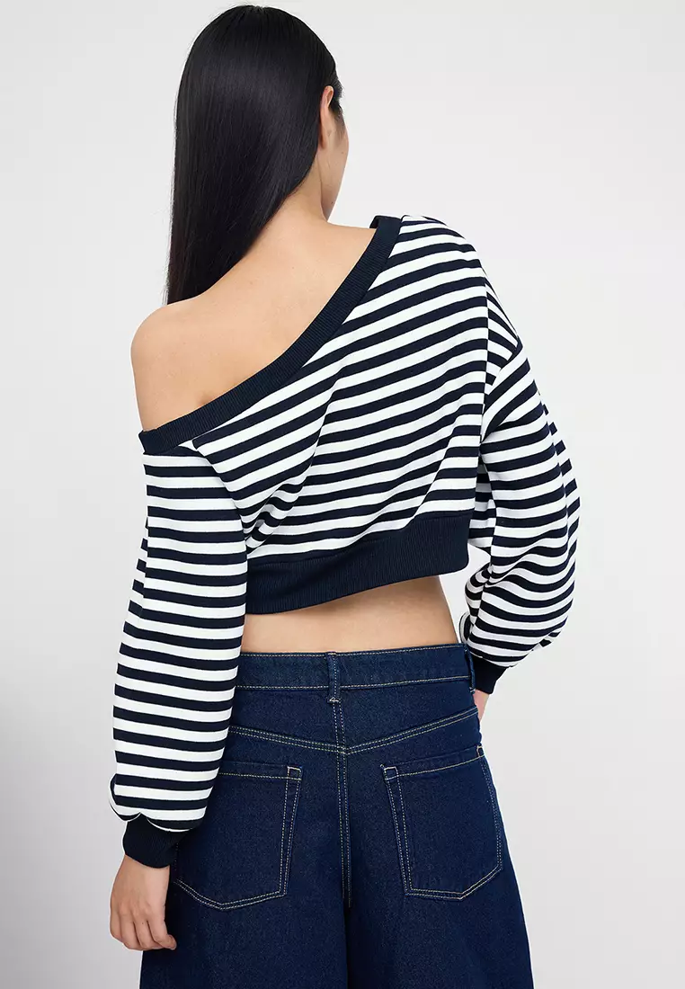 Teen Navy Blue Striped Regular Pattern Polar Fleece Crop Asymmetric Collar Knitted Sweatshirt Twoaw25Sw00143