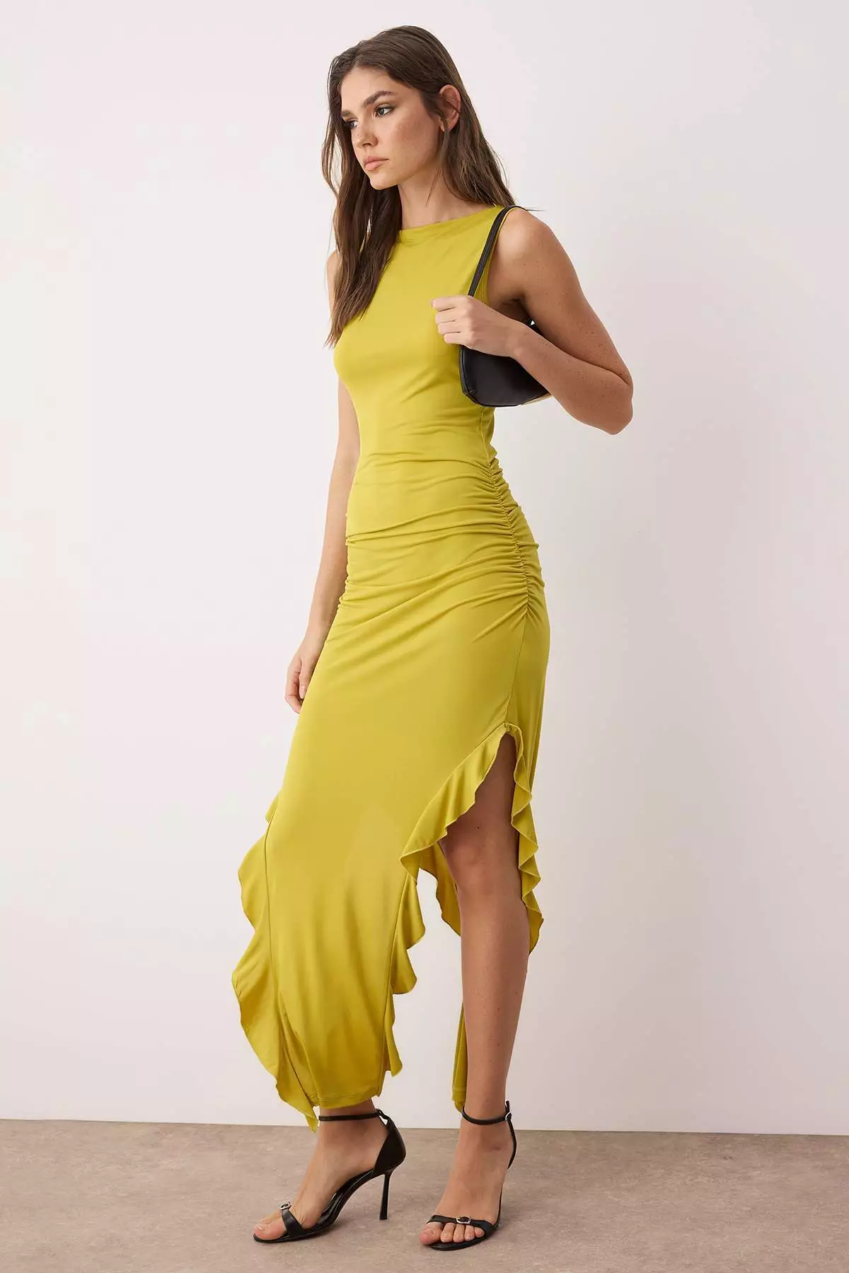 Oil Green Bodycone Zero Sleeve Slit Ruffle Detail Stretchy Maxi Pencil Dress