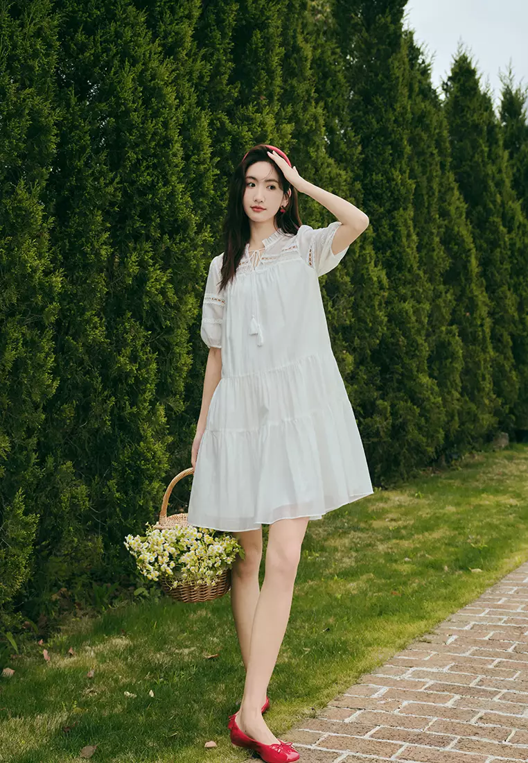 Ruffled Collar Embroidery Tiered Dress