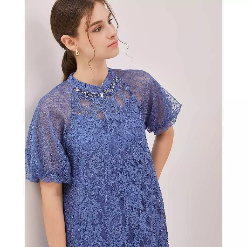 Urban Exchange Jane Dress Blue / Terusan Midi Dress Brokat Festive Natal Warna Blue
