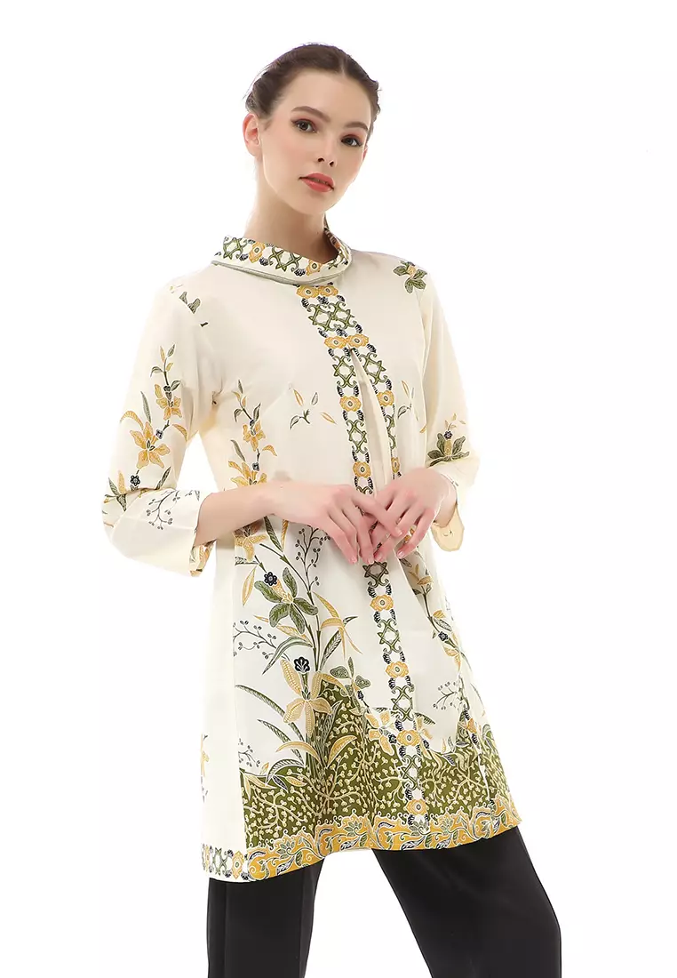 Olaf Atasan Batik Wanita Tunik Traditional Motive Elegant Design Material Cotton ORIGINAL - White Green