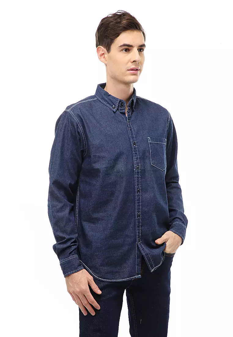 Dwan Atasan Kasual Kemeja Jeans Pria Slim Fit Lengan Panjang Material Denim ORIGINAL - Navy