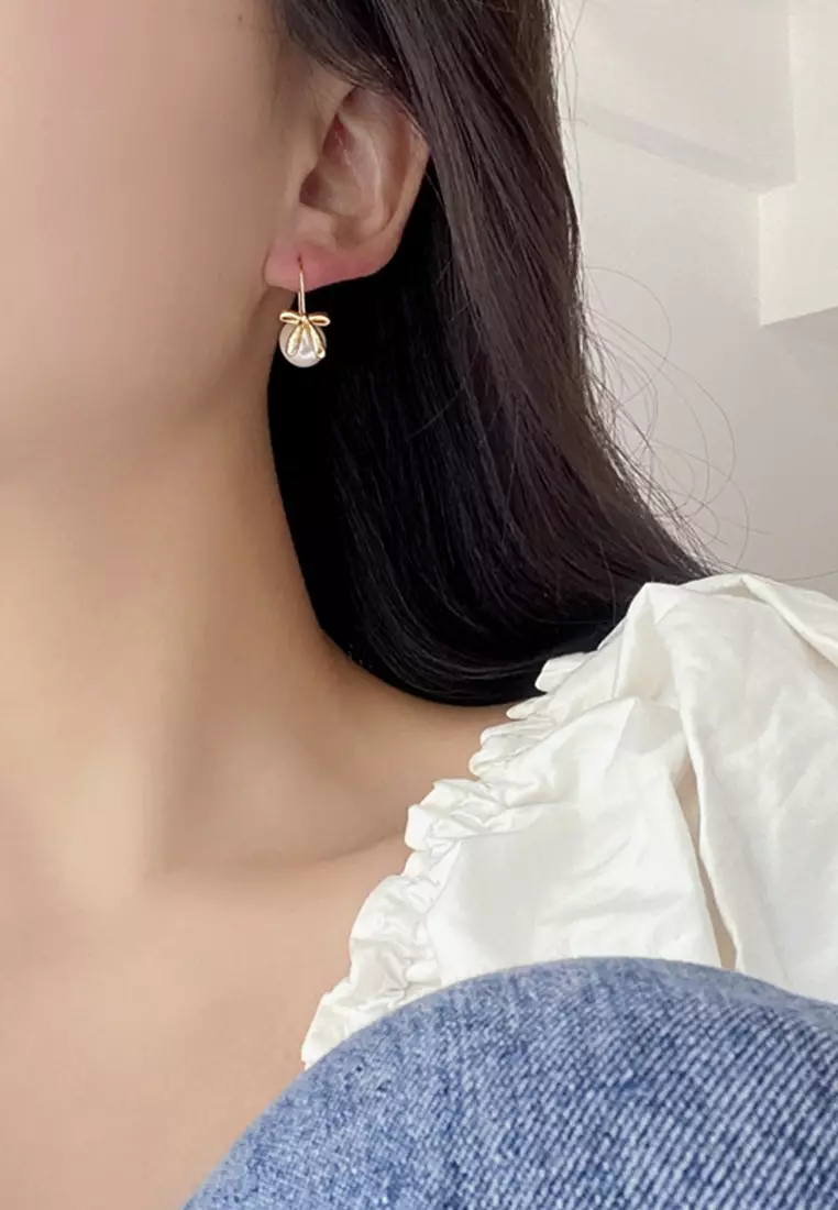 925 Silver Plated Gold Freshwater Pearl Ribbon Earrings JW HG-791