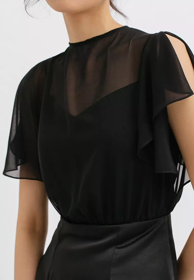 High Neck Drapery Sleeve Midi Dress in Black