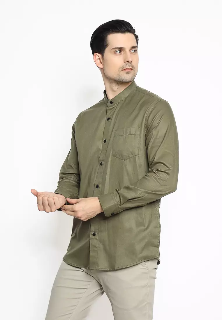 MAGINOT Kemeja Pria KOKO Basic Polos Lengan Panjang DARK OLIVE