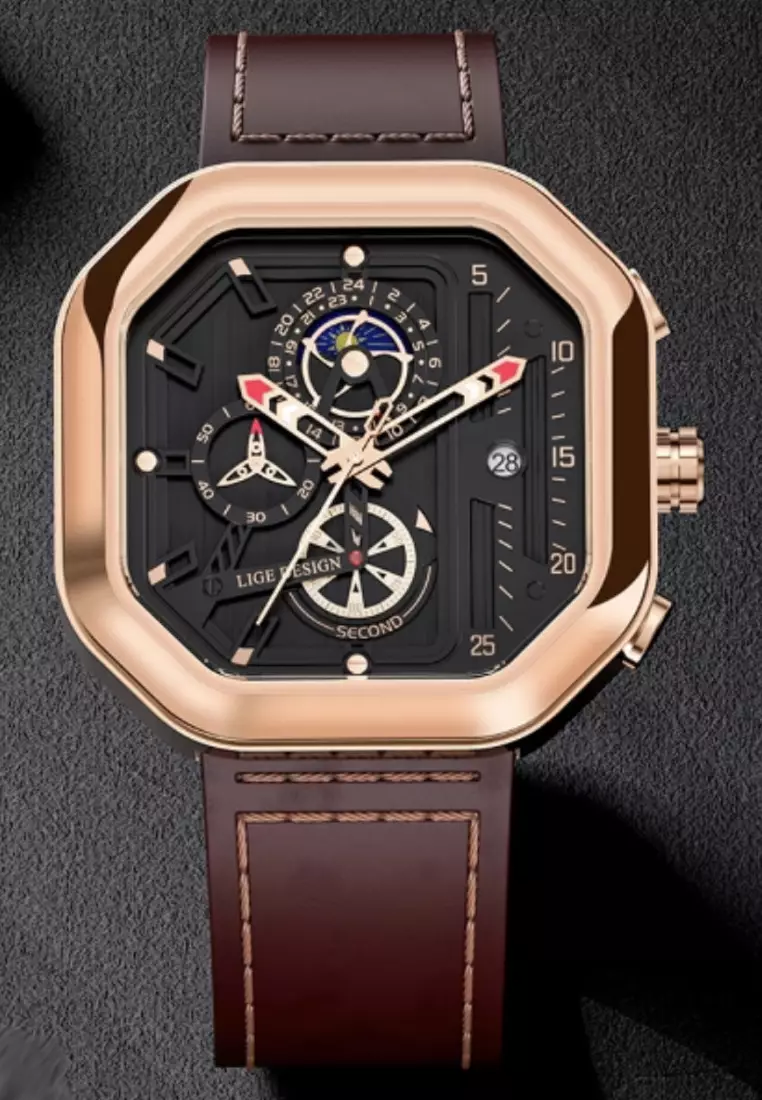 Unisex Chronograph Octogonal IP Pink Steel Quartz Watch on brown leather strap