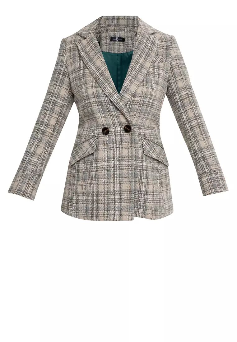 Contrast Cuff Woolen Plaid Blazer