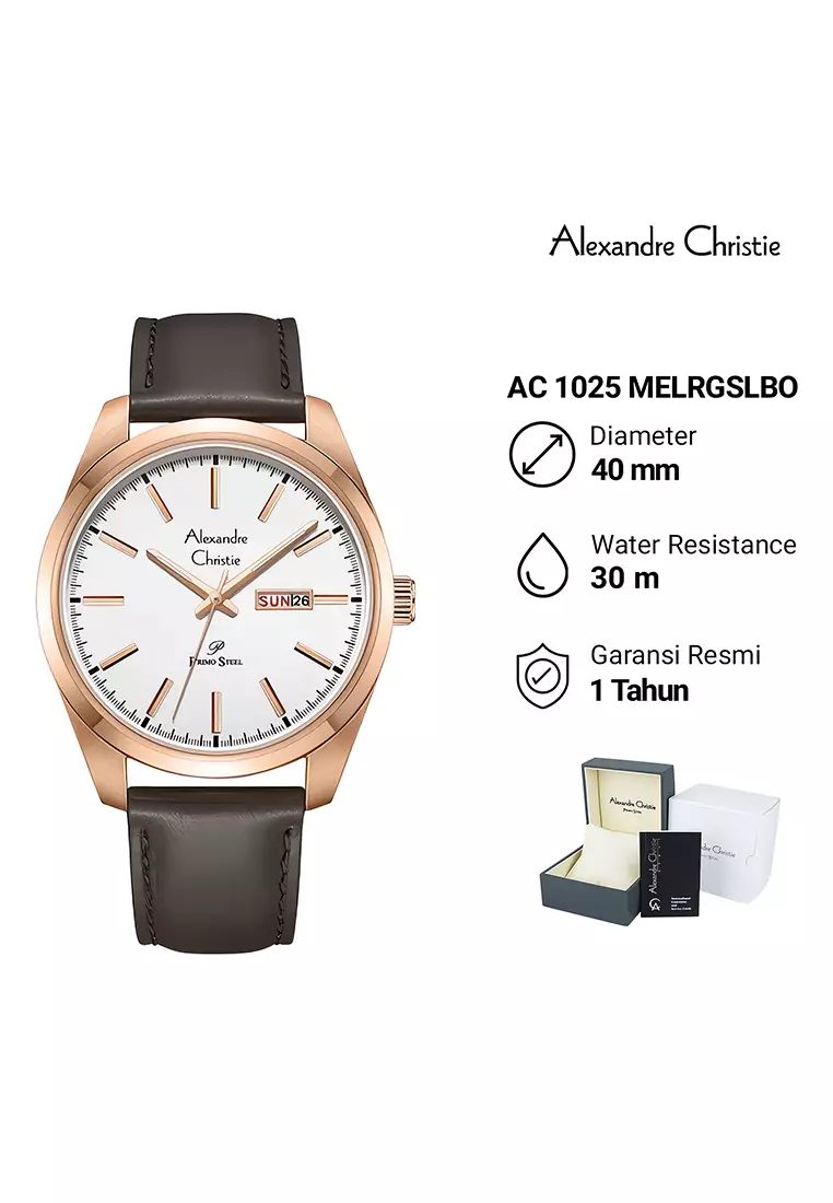 Alexandre Christie Couple Jam Tangan Analog Pria Wanita Rosegold Case Brown Leather Strap - 1025MELSSSLBO