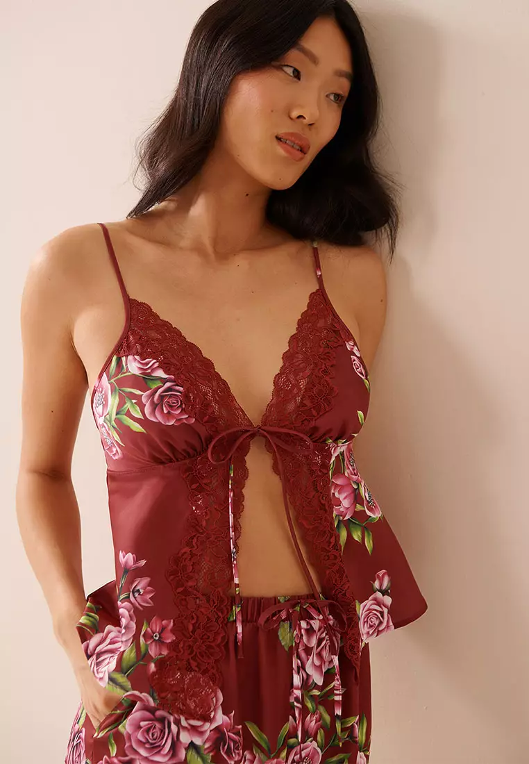 Rose Print Satin and Lace Trim Open Front Cami