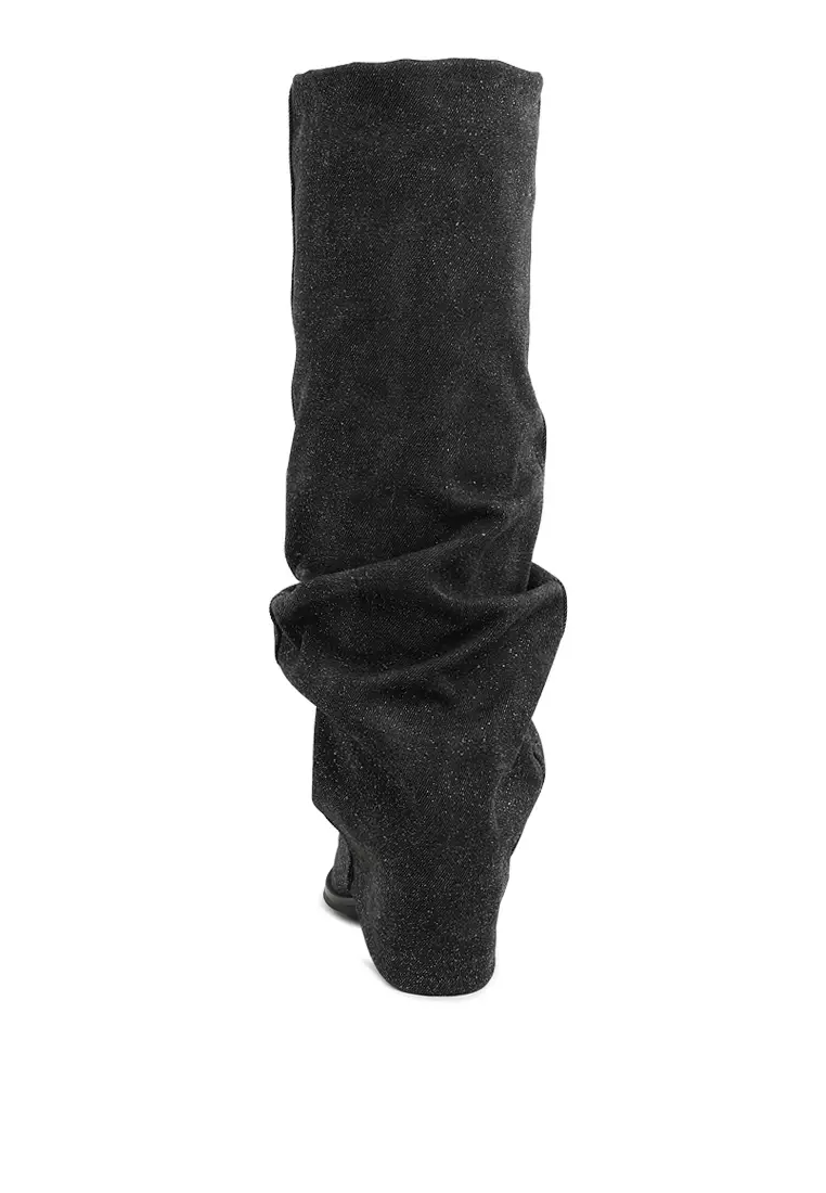 Fold-Over Slouchy Denim Boot in Black