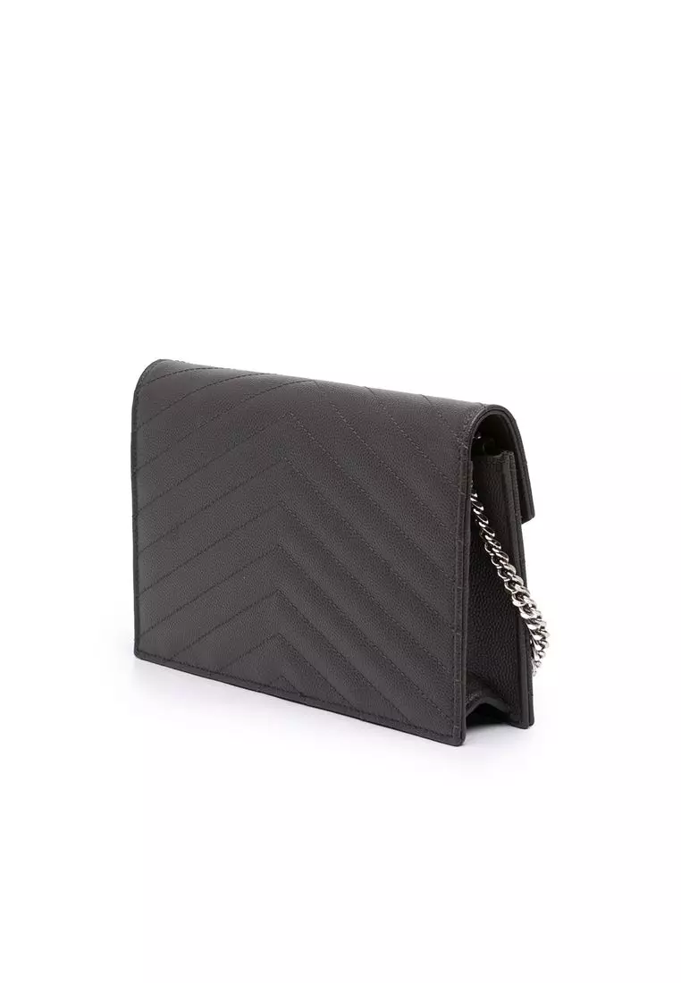 Pre-Loved Saint Laurent Grain De Poudre Chevron Cassandre Envelope Chain Wallet